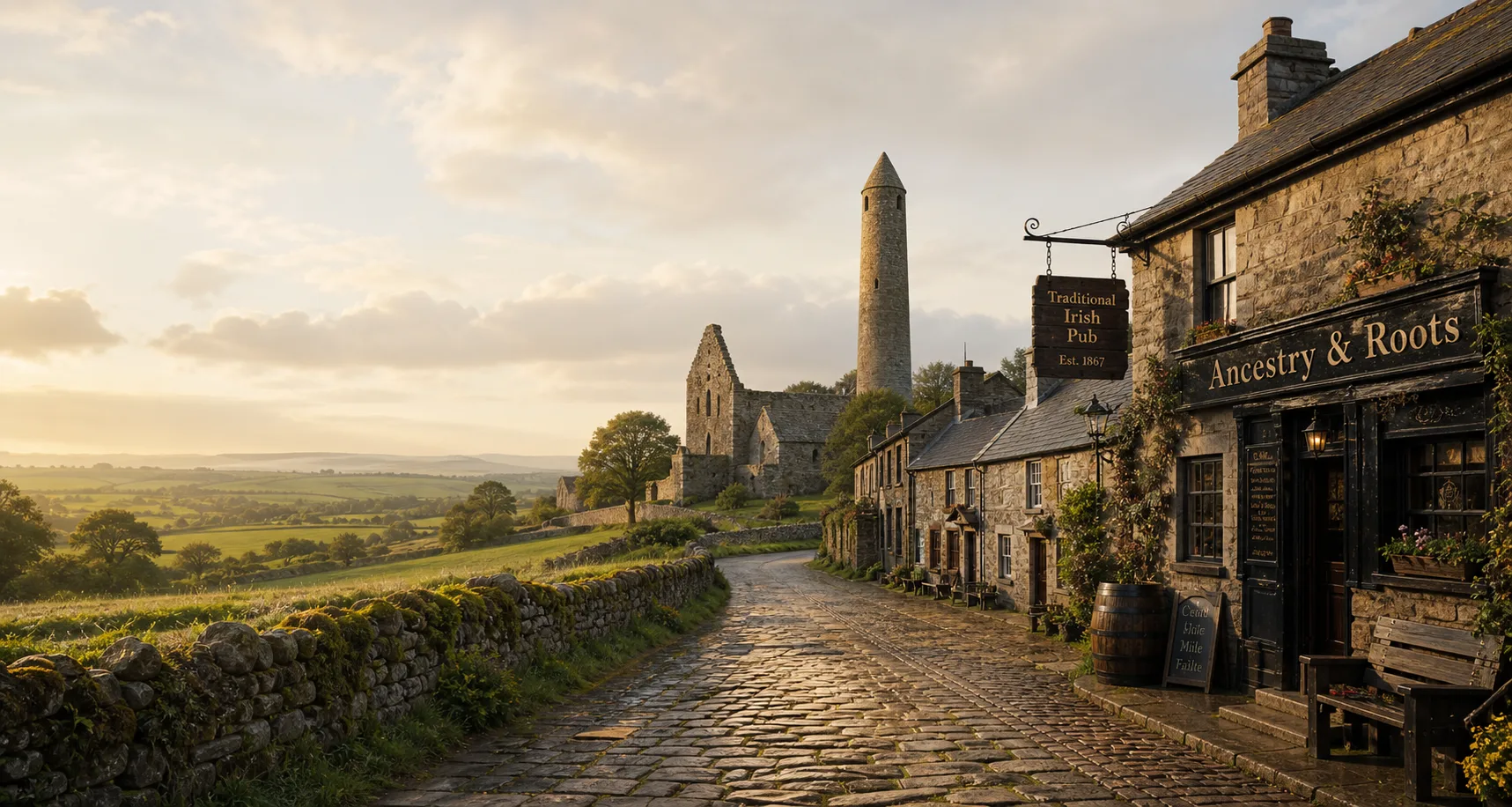 Irish village and countryside for ancestry and roots touring.