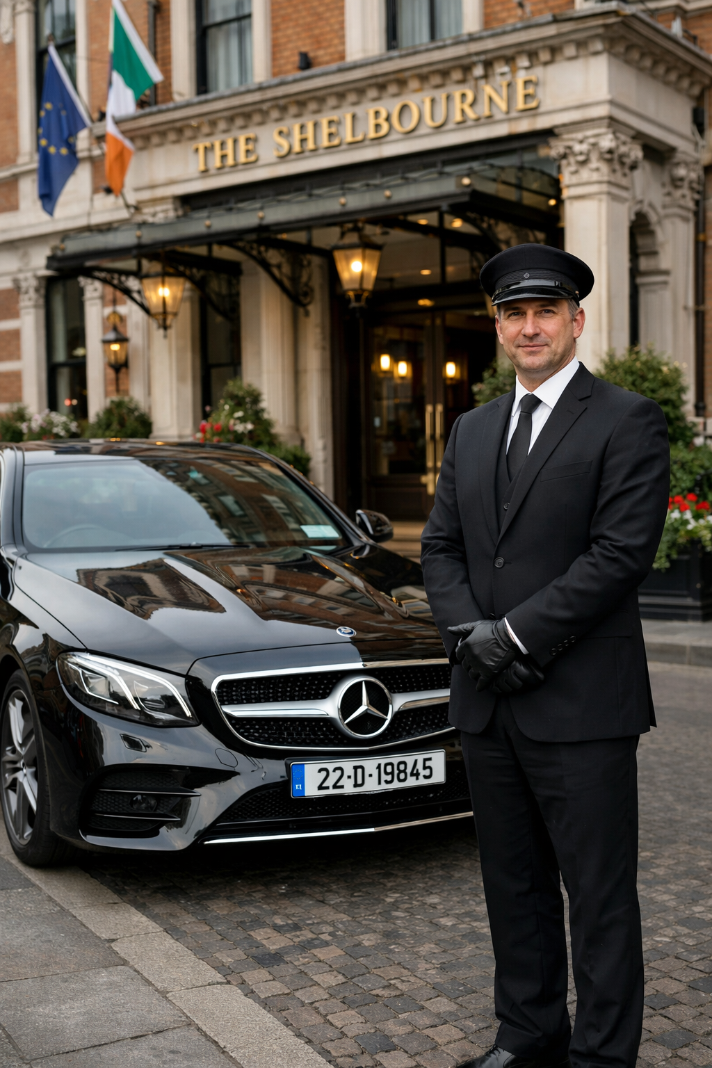 Chauffeur standing beside luxury vehicle in city setting